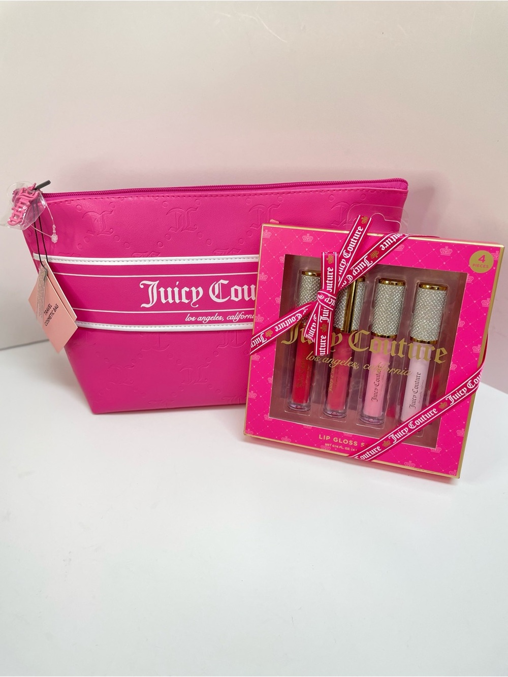 Juicy Couture Pink Lip Gloss Set with Matching Pink Makeup Bag 12x8